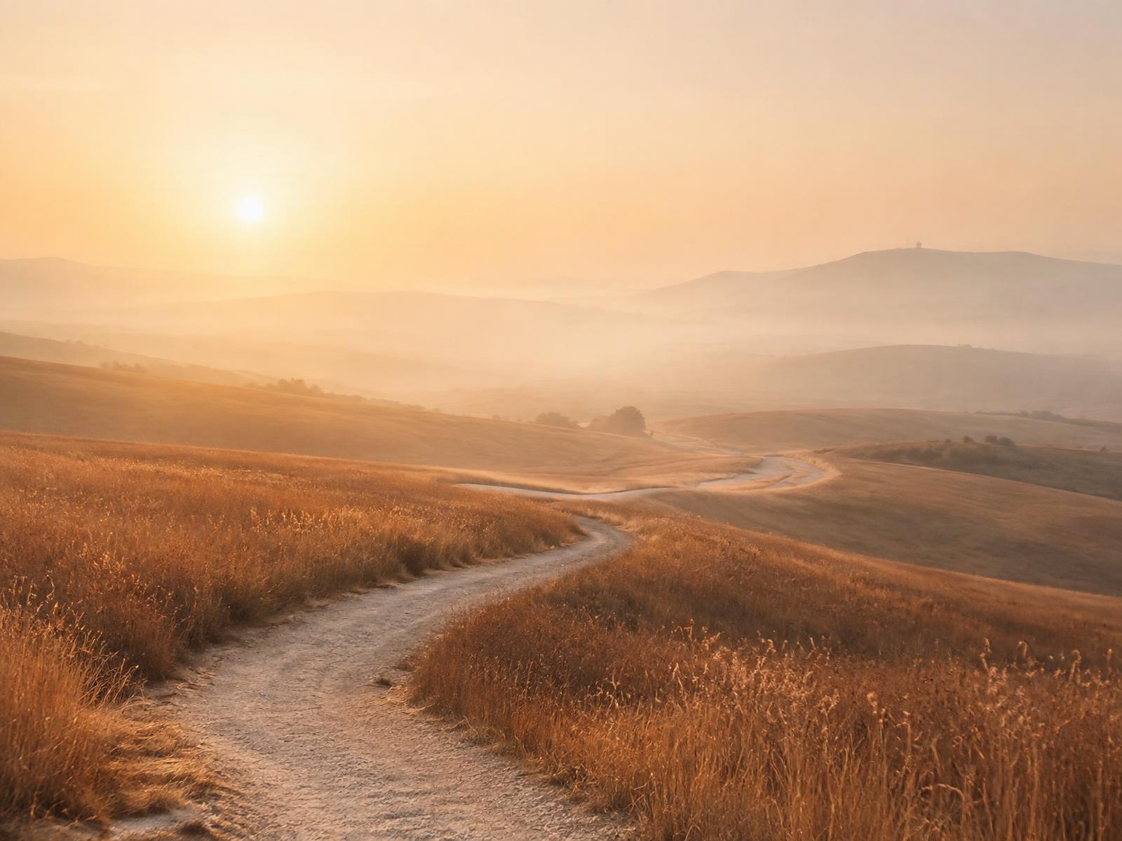 Chemin lumineux dans les collines au lever du soleil